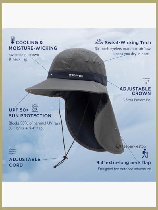 UPF 50+ Sun Hat with Neck Flap, Cooling Nylon, Wide Brim for 